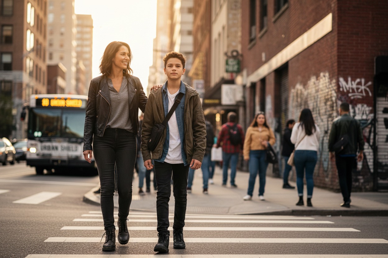A woman with her arm around a teenage boy walks across a city crosswalk with a bus and pedestrians in the background.